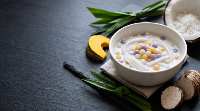 Thai dessert Bua Loy rice balls in coconut milk with ingredients