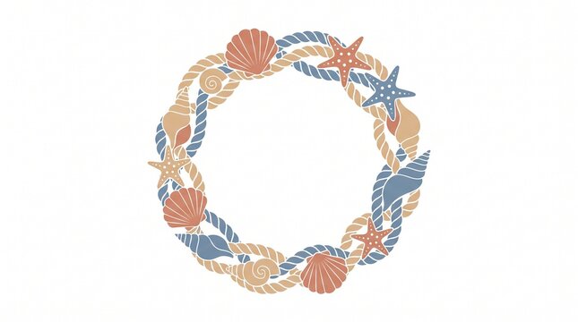 Nautical rope wreath with seashells and starfish, circular marine frame illustration, coastal beach theme in blue and beige tones, isolated on white background for summer design