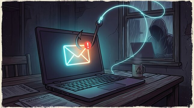 Cybersecurity threat concept with hacker and phishing attack illustration