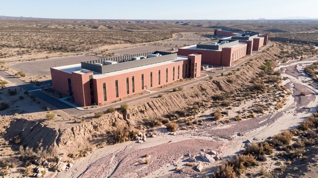 Data Center Campus Dry Riverbed With Red Halls In Morning Sun