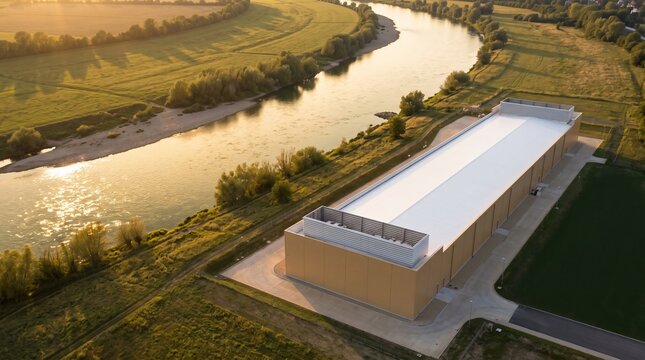 Data Center Campus River Aerial With A Long Sand Beige Hall Beside A Winding River Through Green Meadows At Golden Hour