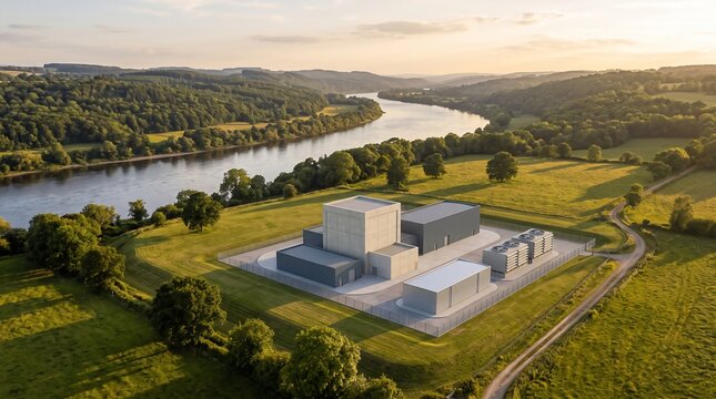 SMR Nuclear Plant Landscape In A Wooded River Valley At Golden Hour