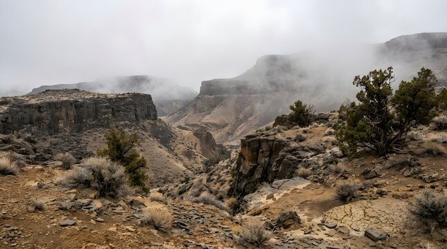 Rugged canyon landscape with rocky cliffs and sagebrush under misty cloudy sky in desert terrain