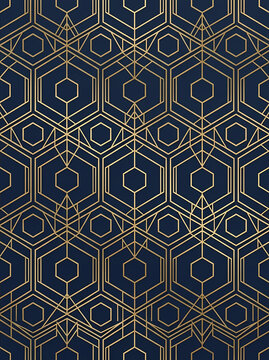 Seamless luxury art deco pattern with golden geometric lines on a dark blue background.