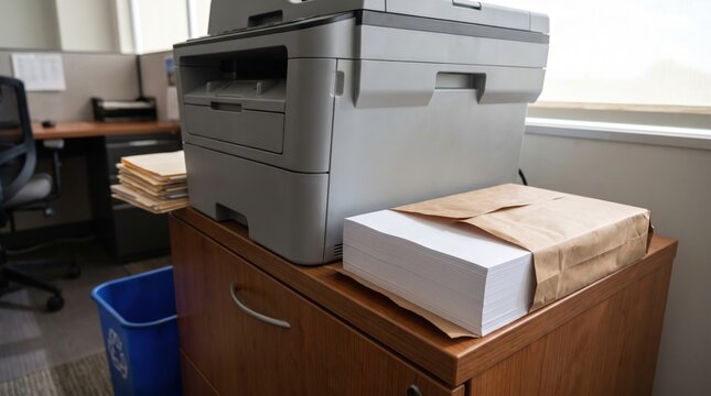 Large office printer and a ream of white paper resting on a wooden