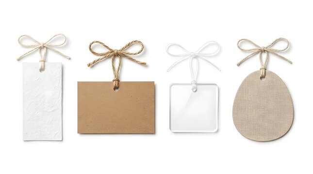 Set of blank price tags with decorative string bows on white background