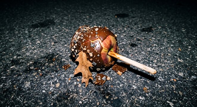 Dropped and dirty caramel candy apple lying on the dark asphalt ground