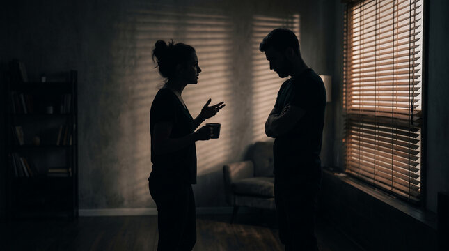 Silhouettes of a couple in a dark room during a tense conversation, symbolizing relationship conflict and emotional distance, suitable for illustrating stress or marital issues