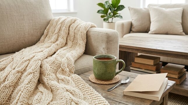 Hot tea in a green mug and an open book on a wooden coffee table. Cozy living room scene with a chunky knit blanket on a sofa
