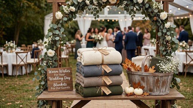 Wedding guest blanket station with cozy knit throws and wooden sign. Autumn outdoor wedding reception decor with eucalyptus arch and pumpkins. Warm hospitality concept