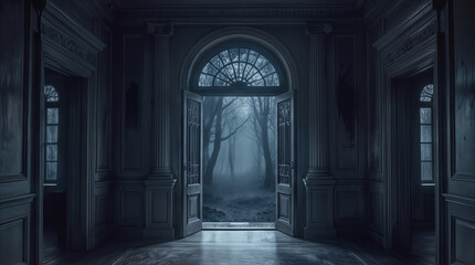 Fototapeta premium Interior view of abandoned mansion hall with open doors leading to misty forest. Gothic architecture and eerie atmosphere in derelict estate.