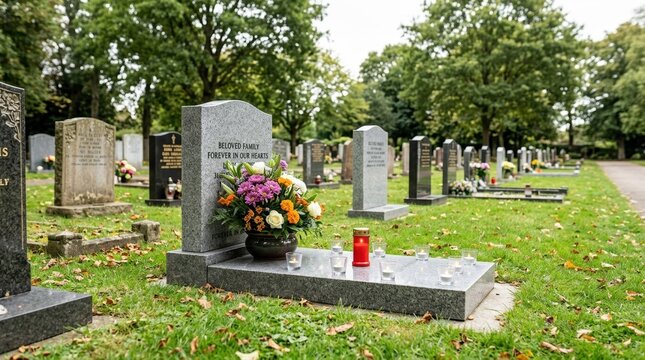 Decorated gravestone with flowers and candles in a cemetery. Memorial tribute with bouquet and tea lights on granite headstone