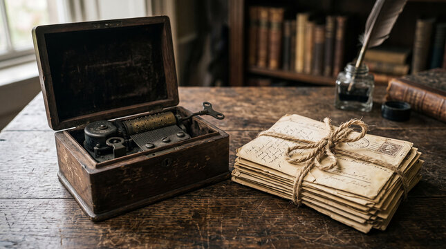 An antique music box and a stack of letters tied with twine rest on a wooden table, evoking nostalgia and memory.