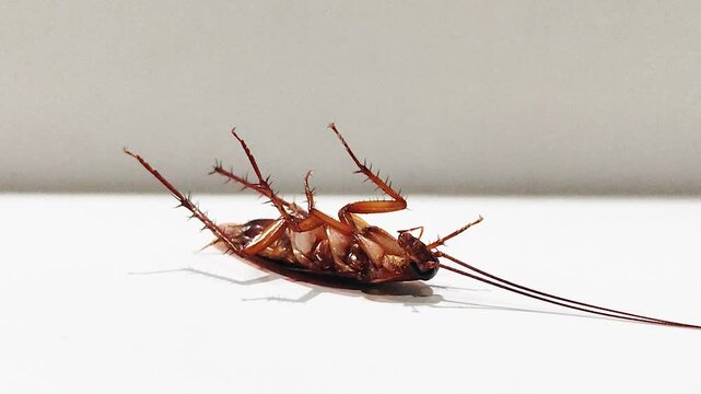 A cockroach lies on its back, moving against a white background, this closeup view captures the insect's natural behavior, pest infestation, movement.