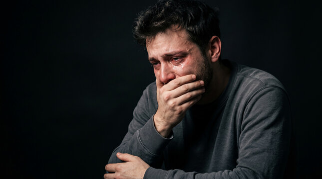 A man crying with his hand covering his mouth, symbolizing despair, grief, and emotional pain against a dark backdrop