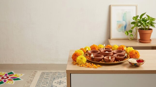 Minimalist Diwali home decoration with lit clay diyas on a brass plate. Traditional marigold flowers and kumkum on a wooden table. Copy space