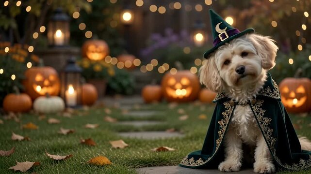 Adorable Wizard Dog in Halloween Garden with Glowing Pumpkins