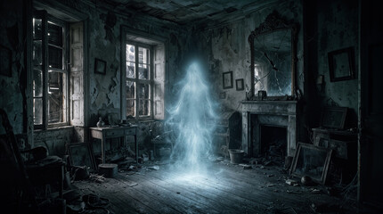 Obraz premium Translucent blue ghost appearing in center of abandoned room. Ethereal spirit manifestation in dilapidated house with peeling wallpaper and broken furniture.