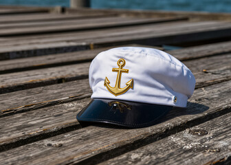 Obraz premium A white cap with a golden anchor and star lies on a dilapidated wooden pier