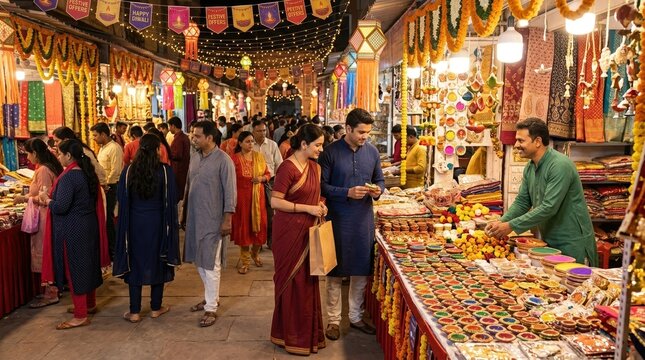 People shopping at a bustling Diwali street market in India. Couple buying traditional clay diyas and decorations at a festive night bazaar