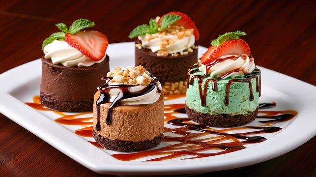 Assortment of Mini Cheesecakes with Toppings on a White Plate