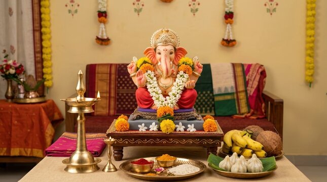 Lord Ganesha idol decorated with flower garlands for Ganesh Chaturthi festival. Traditional Hindu puja setup with brass lamp, modak sweets, and offerings. Spiritual celebration