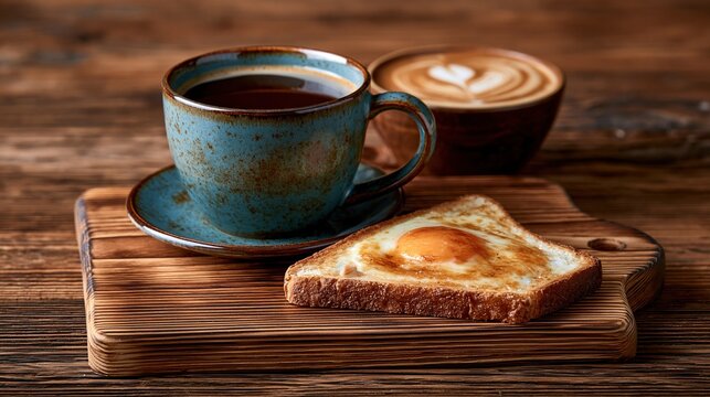 Breakfast of coffee and fried egg on toast on a wooden board
