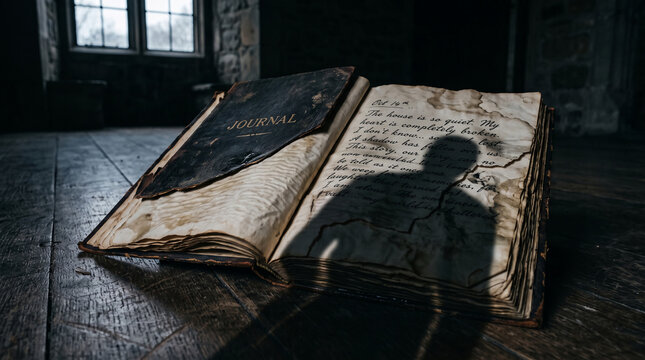 Antique open journal with aged pages and faded writing, casting a shadow, evoking mystery and past stories, representative of history and narrative