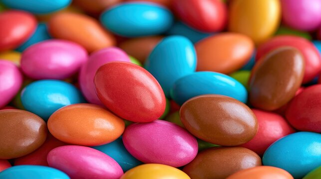 Close-up of a colorful pile of candy-coated chocolate candies