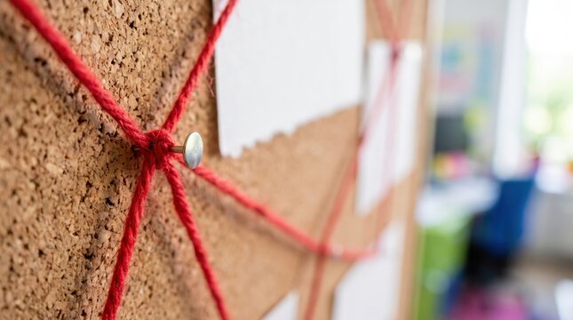 A closeup shot of a corkboard featuring red string connecting various