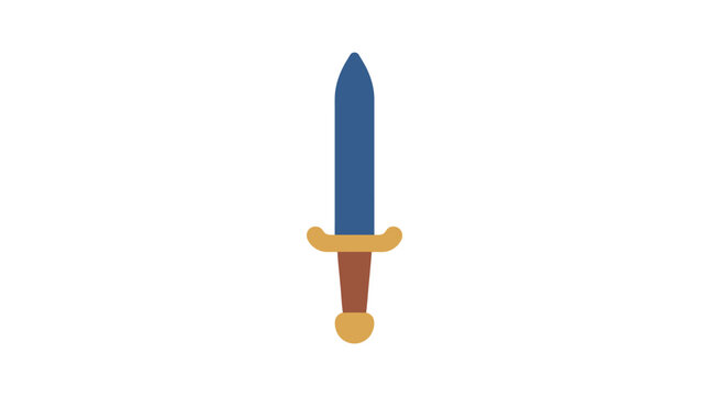 A flat vector illustration depicts a medieval sword with a blue blade and golden hilt against a white background