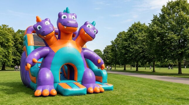 Large inflatable three headed dragon bounce house in a park. Colorful purple and orange inflatable slide on green grass. Outdoor children entertainment attraction