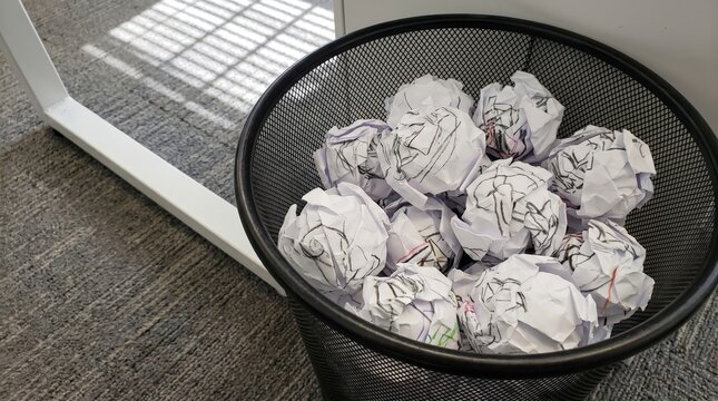A wire mesh trash can filled with crumpled balls of paper each marked