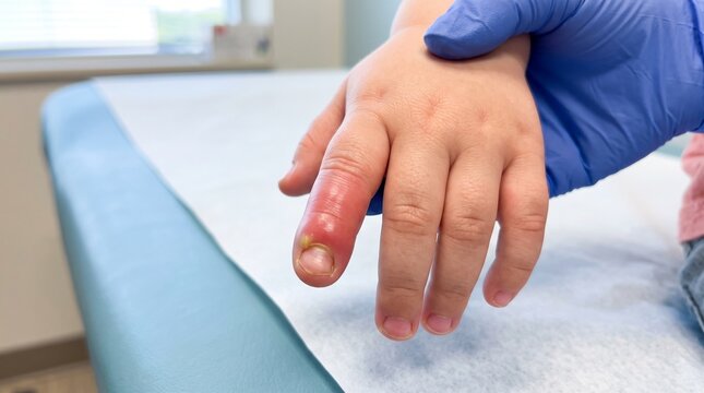 Medical examination of a child's finger with paronychia infection in a clinic.