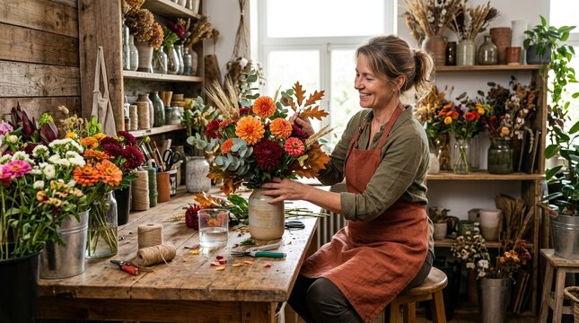 Smiling female florist arranging autumn flowers in a vase. Woman wearing an apron working in a rustic floral studio. Small business owner creating a fall bouquet