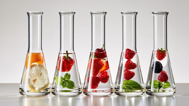 Five laboratory flasks containing fruits, vegetables, and herbs in liquid