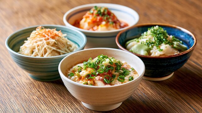 Four bowls of Japanese food on a wooden table