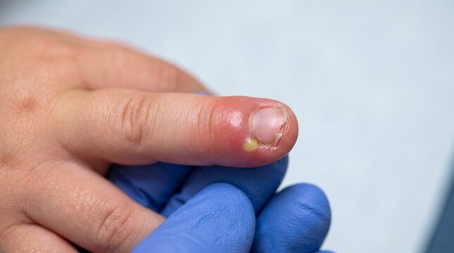 Close up of a child finger with a paronychia infection being examined by a doctor.