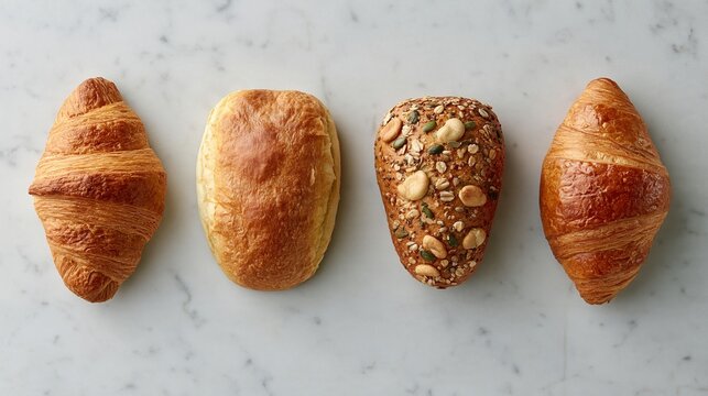 Four different types of bread and pastries on a marble surface