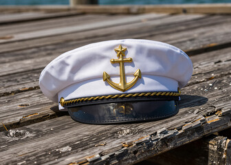 Obraz premium A white cap with a golden anchor and star lies on a dilapidated wooden pier