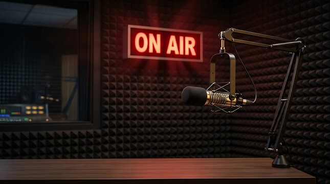 Professional radio studio with acoustic foam, microphone, and illuminated On Air sign