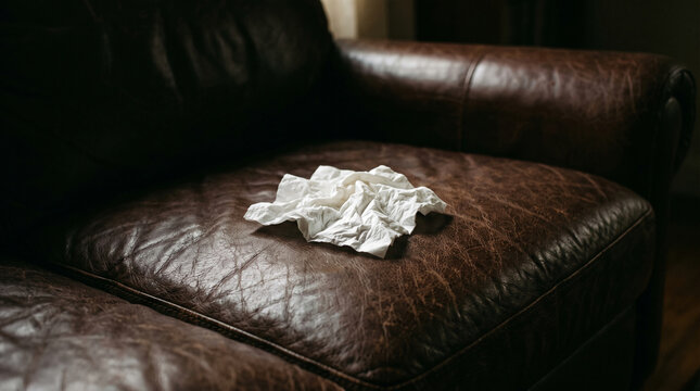 Crumpled white tissue on a brown leather sofa, representing comfort, relaxation, and everyday moments
