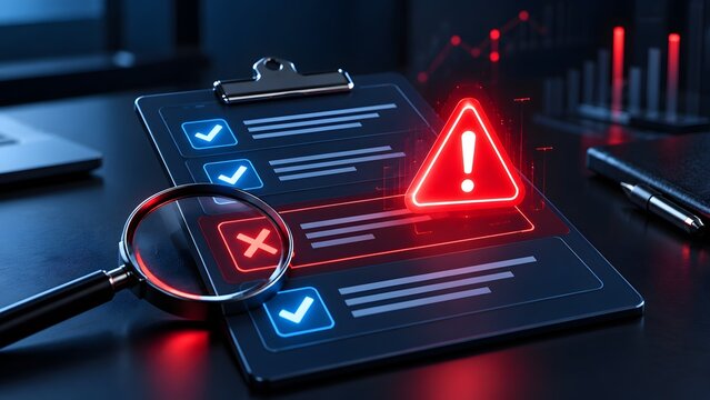 Digital clipboard with rejected red checklist and glowing warning triangle indicating compliance failure or audit risk