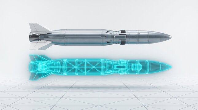 A high-tech futuristic ballistic missile featuring a polished cool grey titanium casing and white matte fins. Beneath the missile, an exact digital twin wireframe projection appears in glowing neon cy