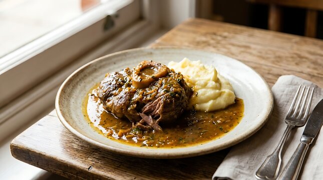 Delicious slow cooked beef brisket with savory gravy served on a plate on a wooden table. veal osso bucco