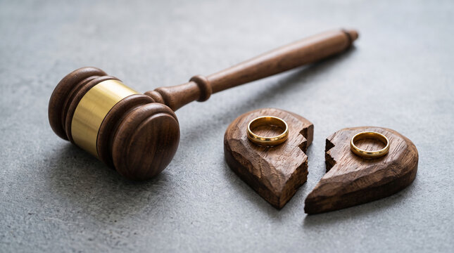Wooden gavel and a broken heart shape with rings, symbolizing divorce and legal dissolution of marriage, representing legal proceedings and end of relationship