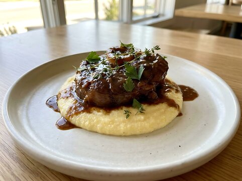 Gourmet beef steak with creamy puree and herbs served on a round ceramic plate in a restaurant. veal osso bucco