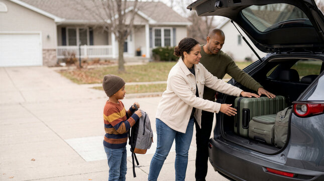 Family loading luggage into car for vacation travel in suburban driveway
