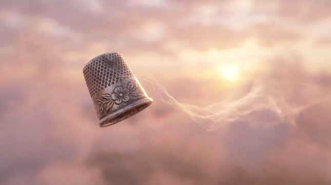 Ornate sewing thimble floating through soft pink clouds at sunrise