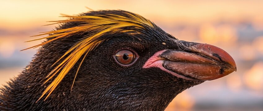 Rockhopper Penguin Portrait: A close-up profile of a distinguished rockhopper penguin, its striking yellow crest feathers illuminated by the soft glow of dawn.
